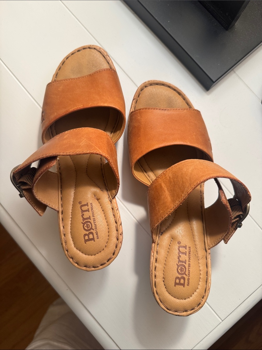 Born Tan Leather Double-Strap Slide Platform Mules